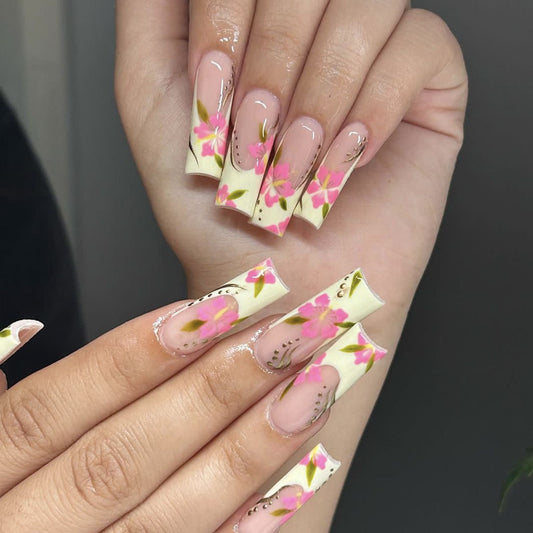 Floral Fantasy Extra Long Square Press On Nail Set Cream and Pink with Hand-Painted Flowers and Gold Accents