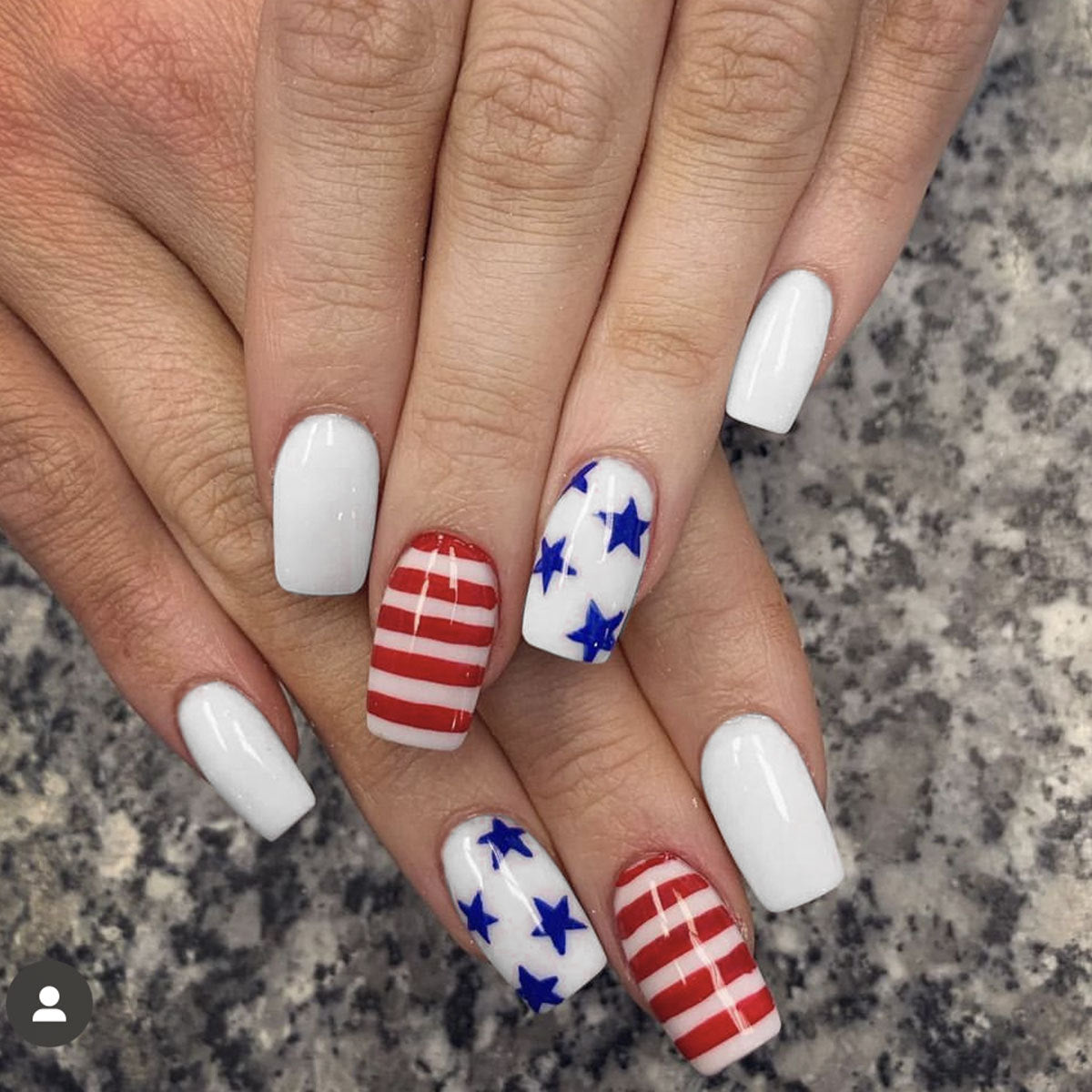 Patriotic Celebration Long Square White Red and Blue Star Press On Nail Set with Striking Stripe Design