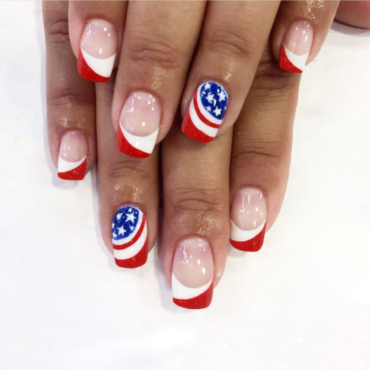 Patriotic Celebration Square Press On Nail Set Medium Red White and Blue with Sparkling Stars Design