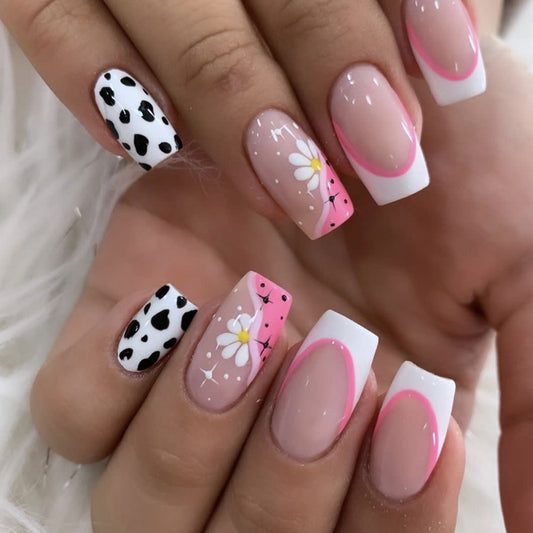 Cheerful Daisy Dream Press On Nail Set Long Square Pink White and Black with Floral and Heart Patterns