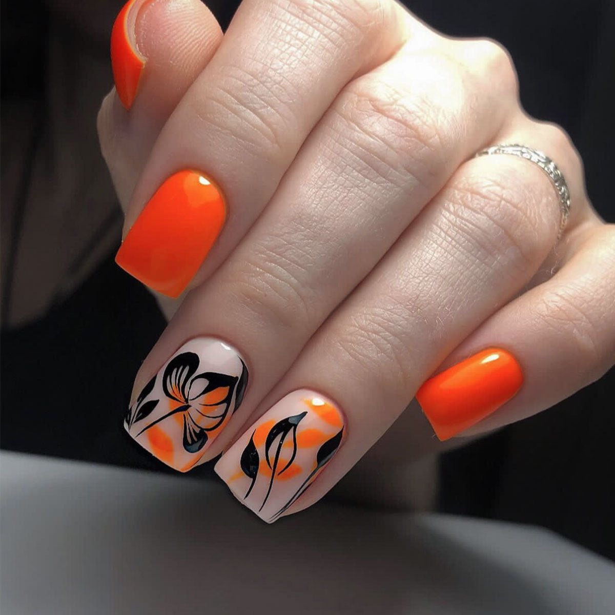 Vibrant Butterfly Garden Square Press On Medium Nail Set Orange Glossy with Elegant Floral Design