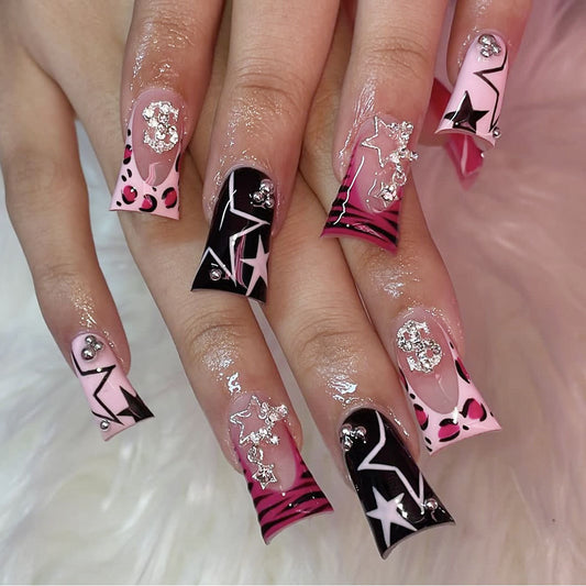 Bold Glamour Long Duck Pink and Black Press On Nail Set with Star and Rhinestone Accents