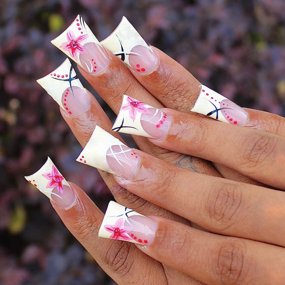 Elegant Floral Fantasy Long Duck White and Pink Press On Nail Set with Artistic Floral Design