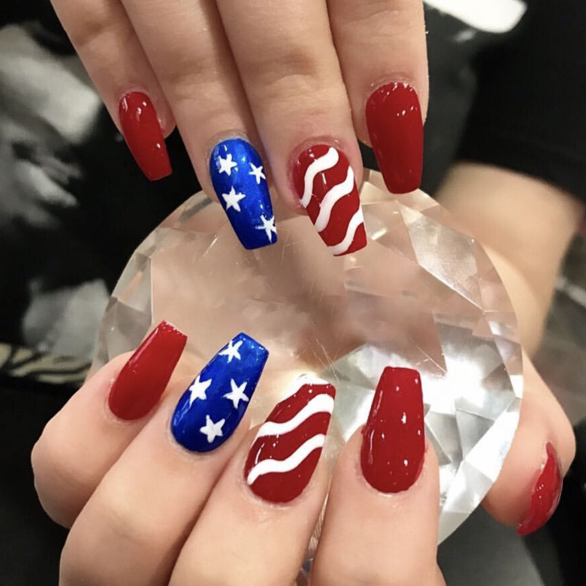 Patriotic Glamour Long Coffin Red Blue and White Star and Stripe Press On Nail Set