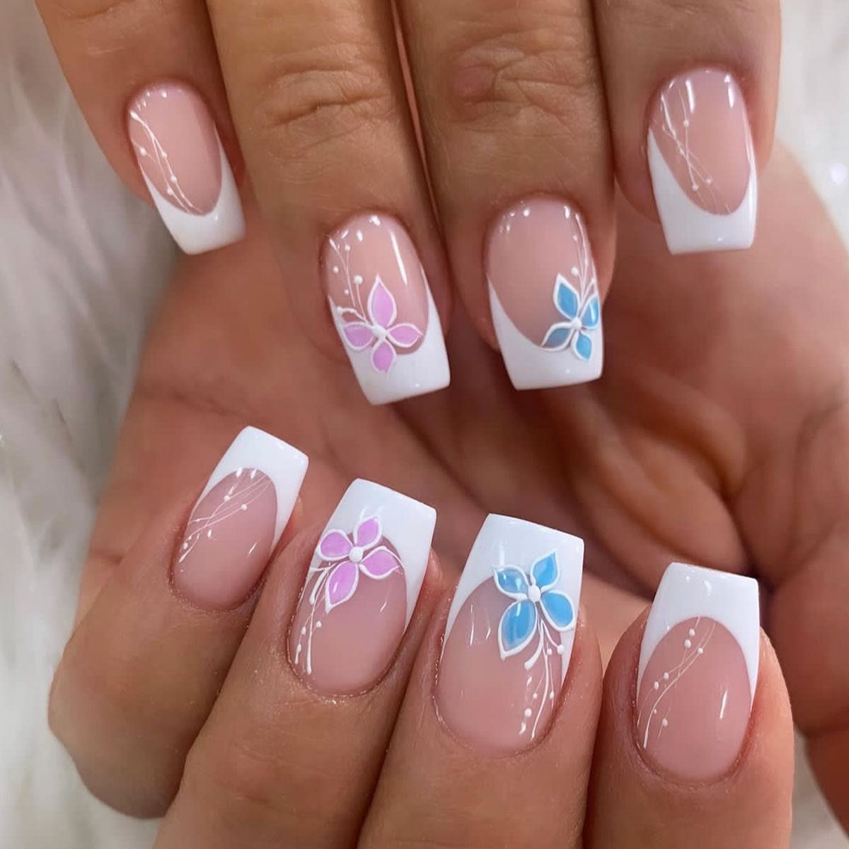 Blooming Elegance Long Square White Press On Nail Set with Floral Accents