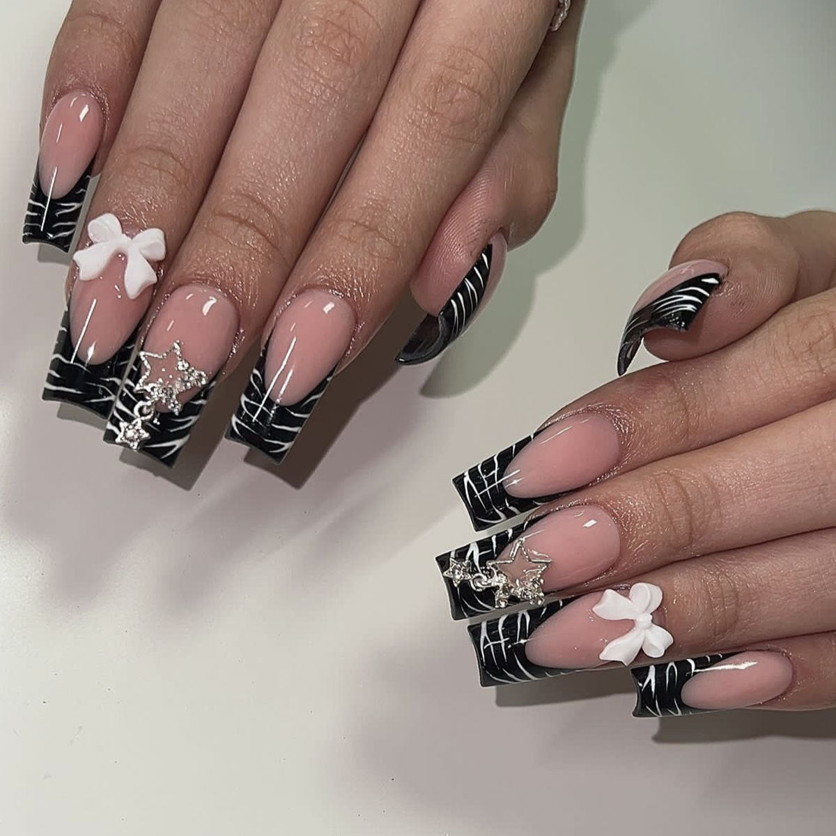 Gothic Elegance Long Square French Tip Press On Nail Set in Black and Pink with 3D Flower and Star Accents