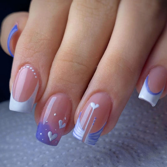 Whimsical Love Hearts Long Square Press On Nail Set in Lavender and Blue with Glitter Accent Tips