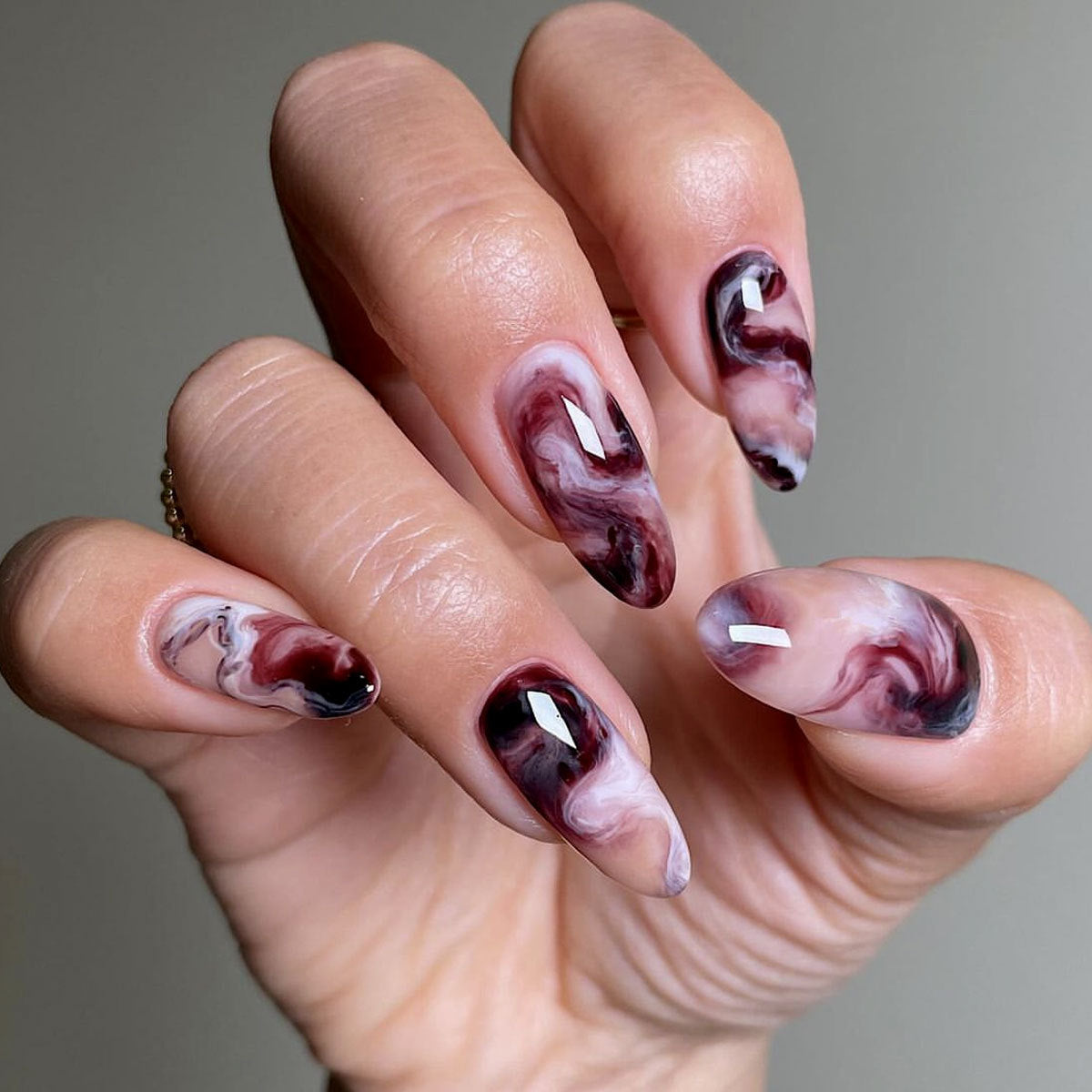 Mystical Marble Long Almond Burgundy and White Swirl Press On Nail Set with Glossy Finish