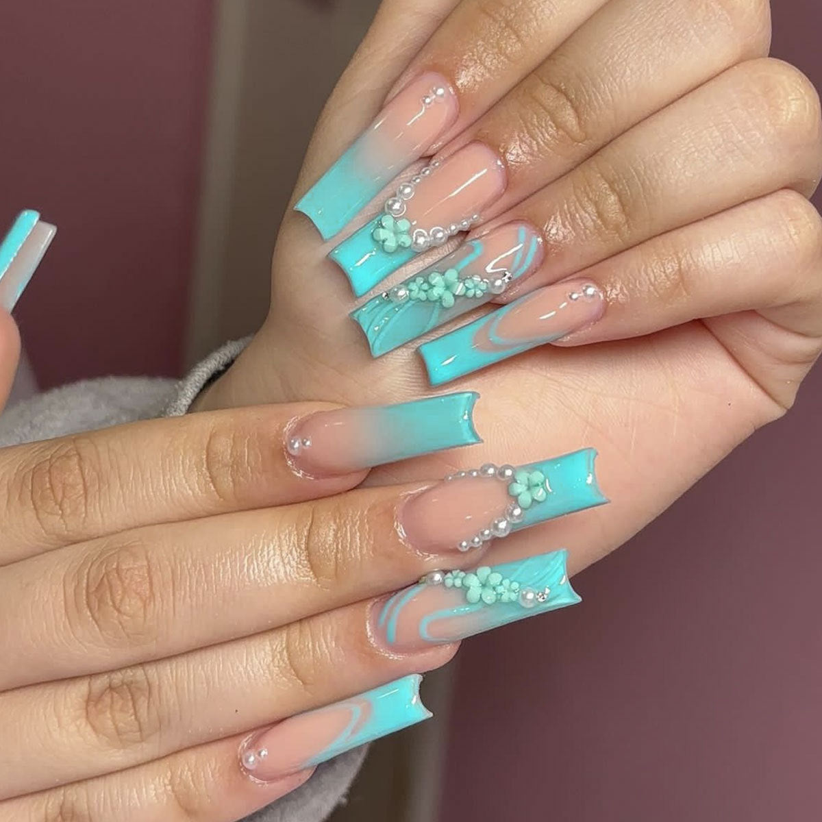 Aquatic Elegance Long Coffin Aqua Blue Ombre Press On Nail Set with Floral Pearl Accents