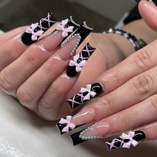 Chic Gothic Glam Long Square Black and Pink Press On Nail Set with Bow and Pearl Accents