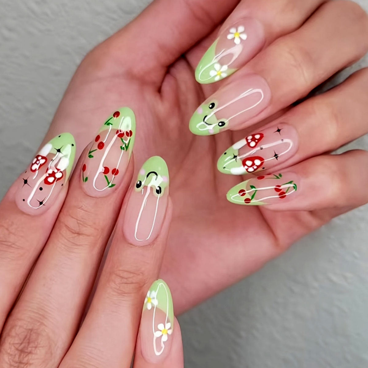 Garden Party Press On Nails Long Almond Green with Floral and Cherry Designs