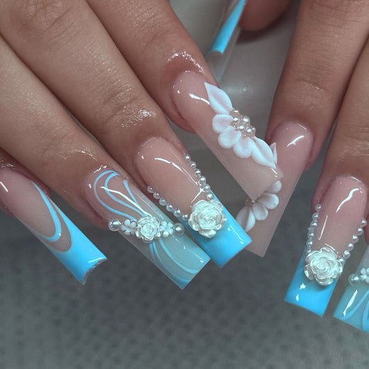 Chic Ocean Dream Square Long Blue Floral Press On Nail Set with 3D Pearl Accents