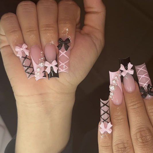 Glamorous Bowtie Pink Long Square Press On Nail Set with Elegant Pearl and Black Accent Details