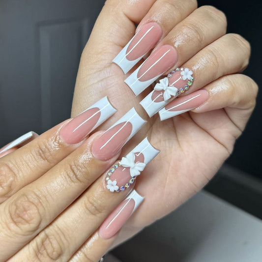 Chic Elegance Long Square Pink and White Press On Nail Set with Rhinestones and Bow Accents