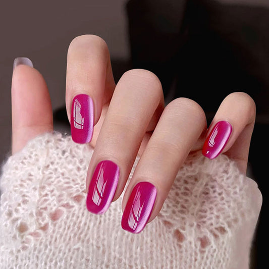 Chic Elegance Long Square Glossy Fuchsia Press On Nail Set with Unique Shimmer Finish