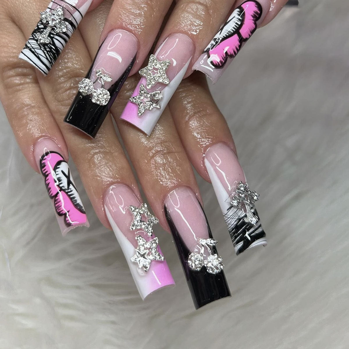 Glamorous Starry Night Long Square Press On Nail Set in Pink Black and White with Sparkling Accessories