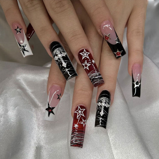 Starry Night Long Square Red Black and White Press On Nail Set with Unique Metallic Accents