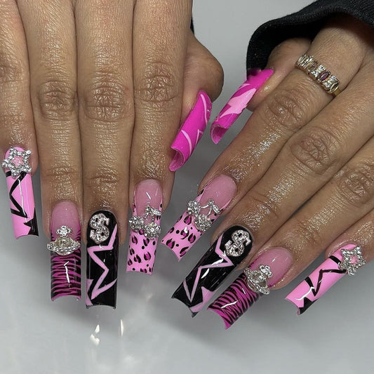 Glamorous Pink Leopard Print Long Square Press On Nail Set with Rhinestone Accents