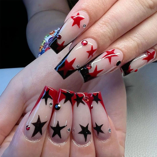 Starry Night Extra Long Coffin Press On Nail Set in Red and Black with Rhinestone Accents