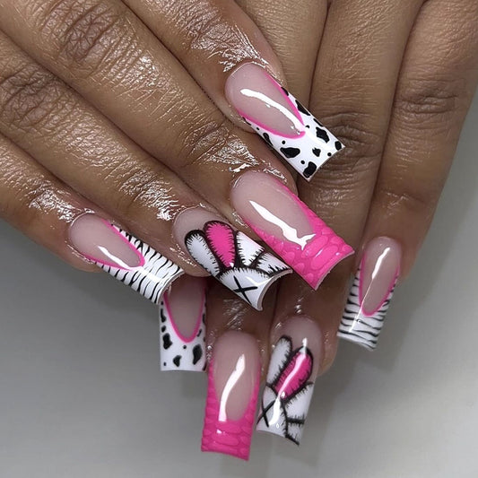 Playful Love Theme Extra Long Square Press On Nails with Vibrant Pink and White Animal Print Design