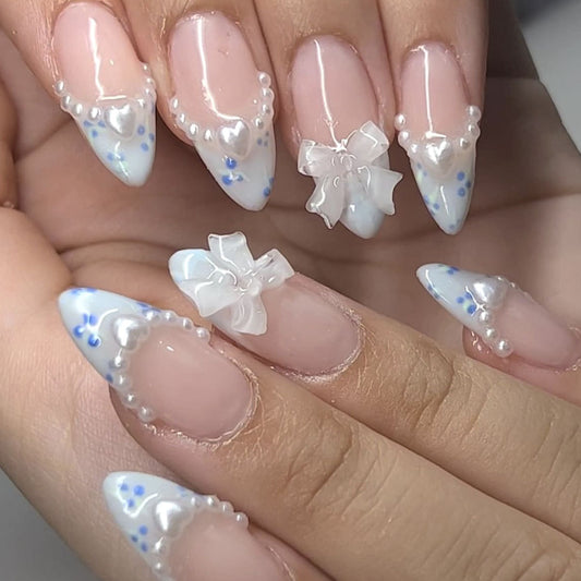 Whimsical Floral Fantasy Long Almond White and Blue Press On Nail Set with 3D Bow and Pearl Accents