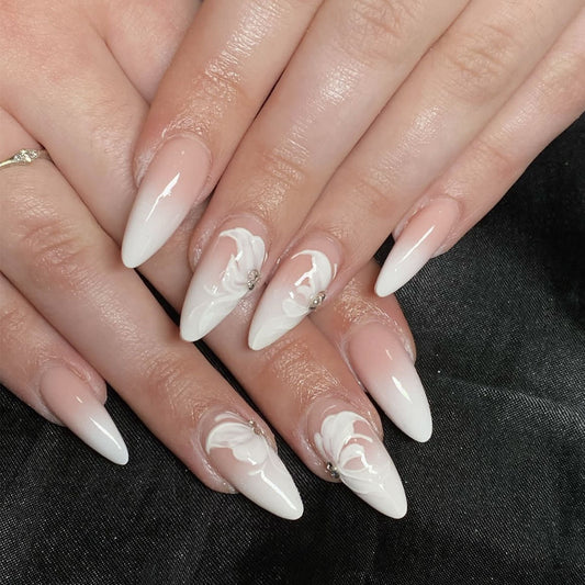 Elegant Whimsical Garden Almond Ombre White Press On Long Nail Set with Floral Swirl and Gem Accents