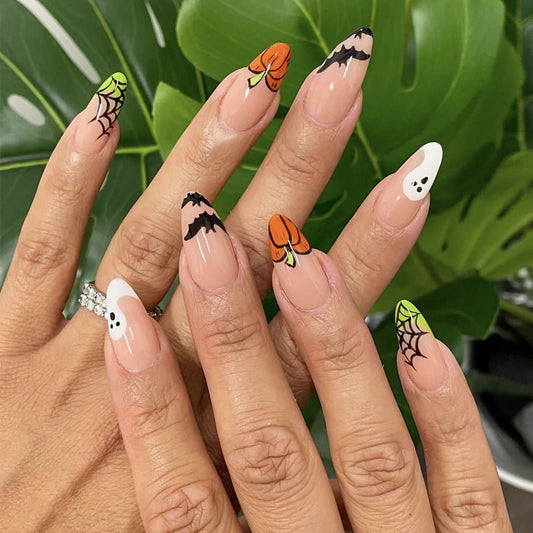 Spooktacular Long Almond Orange Green and Black Halloween Themed Press On Nail Set with Ghost and Spider Designs