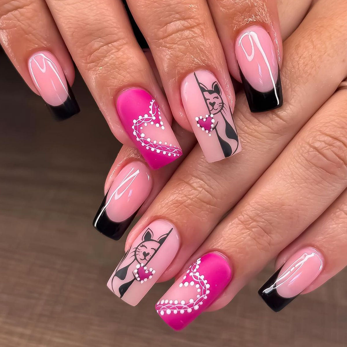 Charming Cat Theme Long Square Pink Black Press On Nail Set with Heart and Cat Illustrations