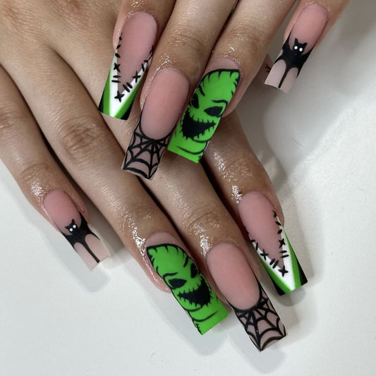 Spooktacular Green Square Long Press On Nail Set with Halloween Cat and Spider Web Designs