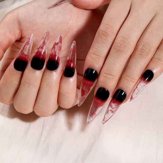 Gothic Romance Long Stiletto Shape Transparent Red and Black Ombre Press On Nail Set with Marbled Design