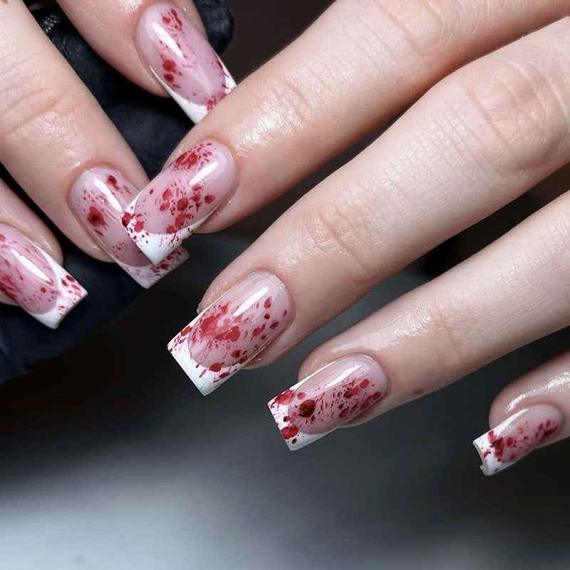 Haunting Elegance Press On Nail Set Long Square Natural Pink with Blood Splatter Design