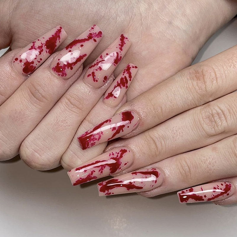 Gothic Romance Long Coffin Press On Nail Set in Blood Red and Beige with Stunning Drip Design