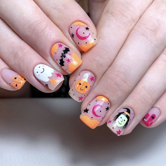 Spooky Halloween Medium Square Orange and Clear Press On Nail Set with Whimsical Ghosts and Pumpkins