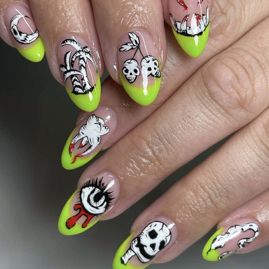 Spooky Neon Statement Long Almond Press On Nail Set Green with Skull and Cat Designs