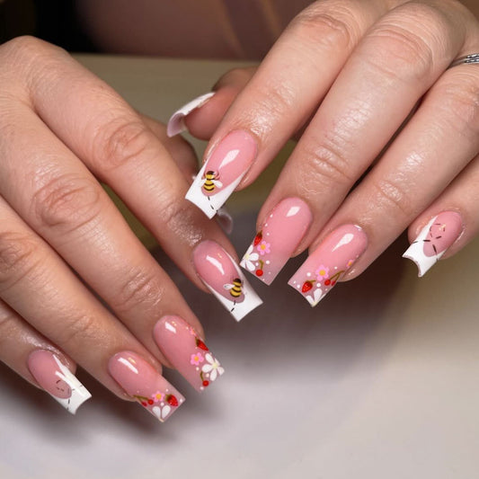 Spring Garden Floral Long Square Pink Press On Nail Set with Whimsical Bee and Flower Designs