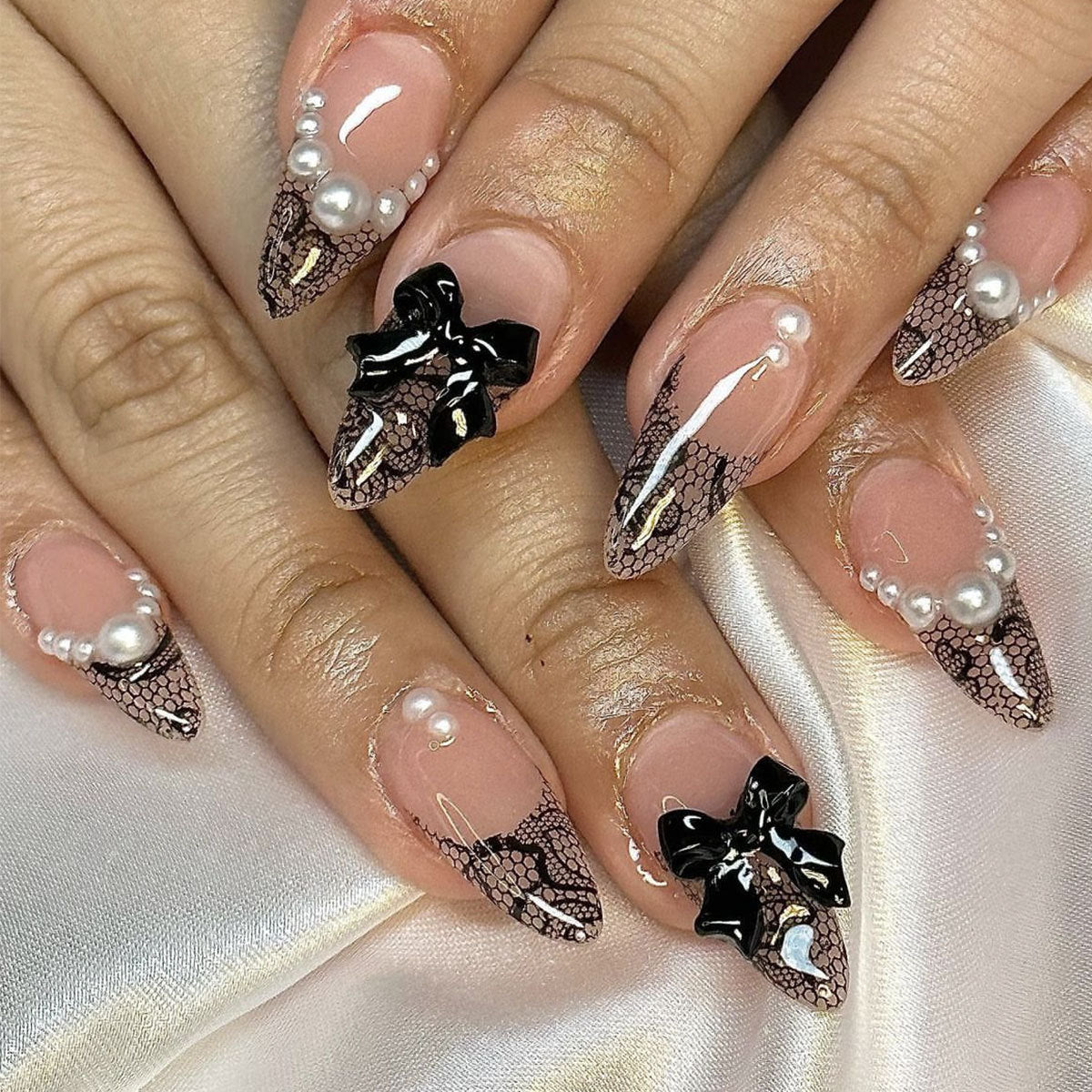 Elegant Lace Affair Press On Nails Long Almond Black and Beige with Pearls and Bow Detail