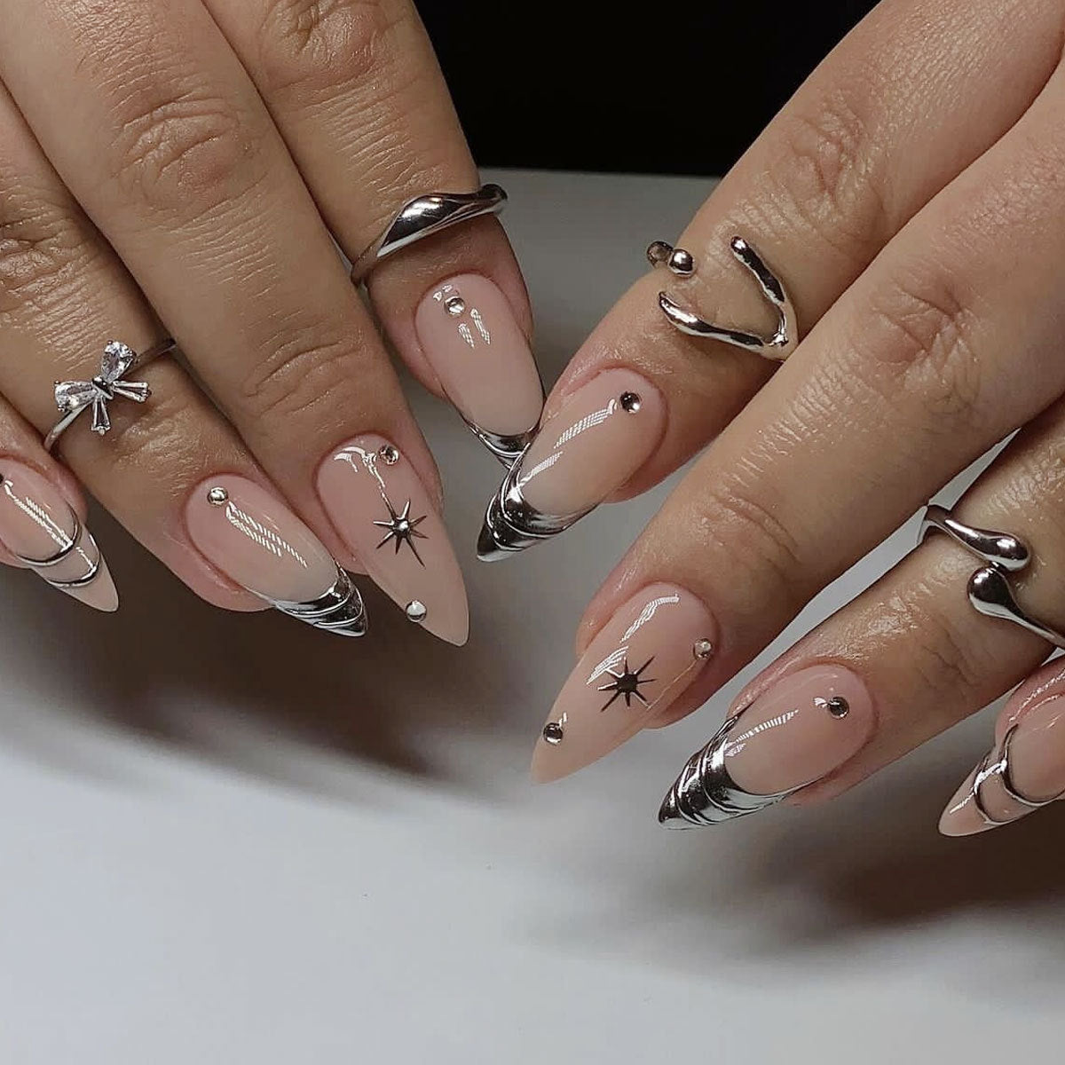 Cosmic Glamour Stiletto Press On Long Nail Set Beige and Silver with Celestial Accents and Gemstone Embellishments