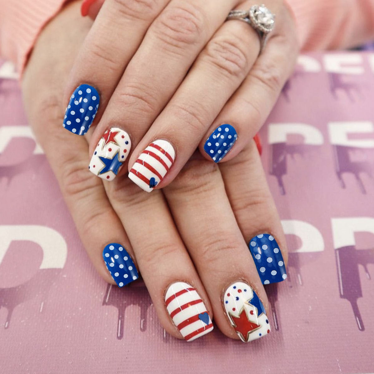 Patriotic Celebration Medium Square Blue and White Press On Nail Set with Stars and Stripes Design