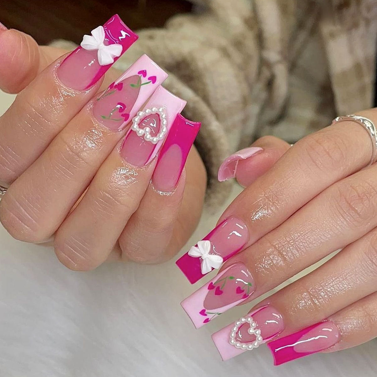 Charming Love Theme Long Square Acrylic Press On Nail Set Hot Pink and Soft Pink with Heart and Bow Accents