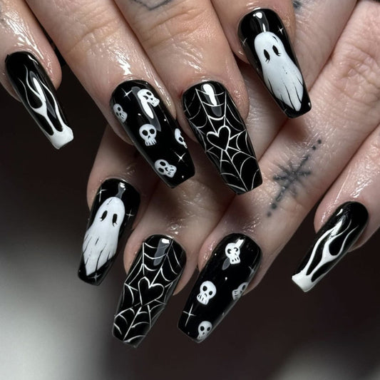 Spooky Spirit Extra Long Coffin Black Nails with Ghost and Skull Designs for Halloween Glamour