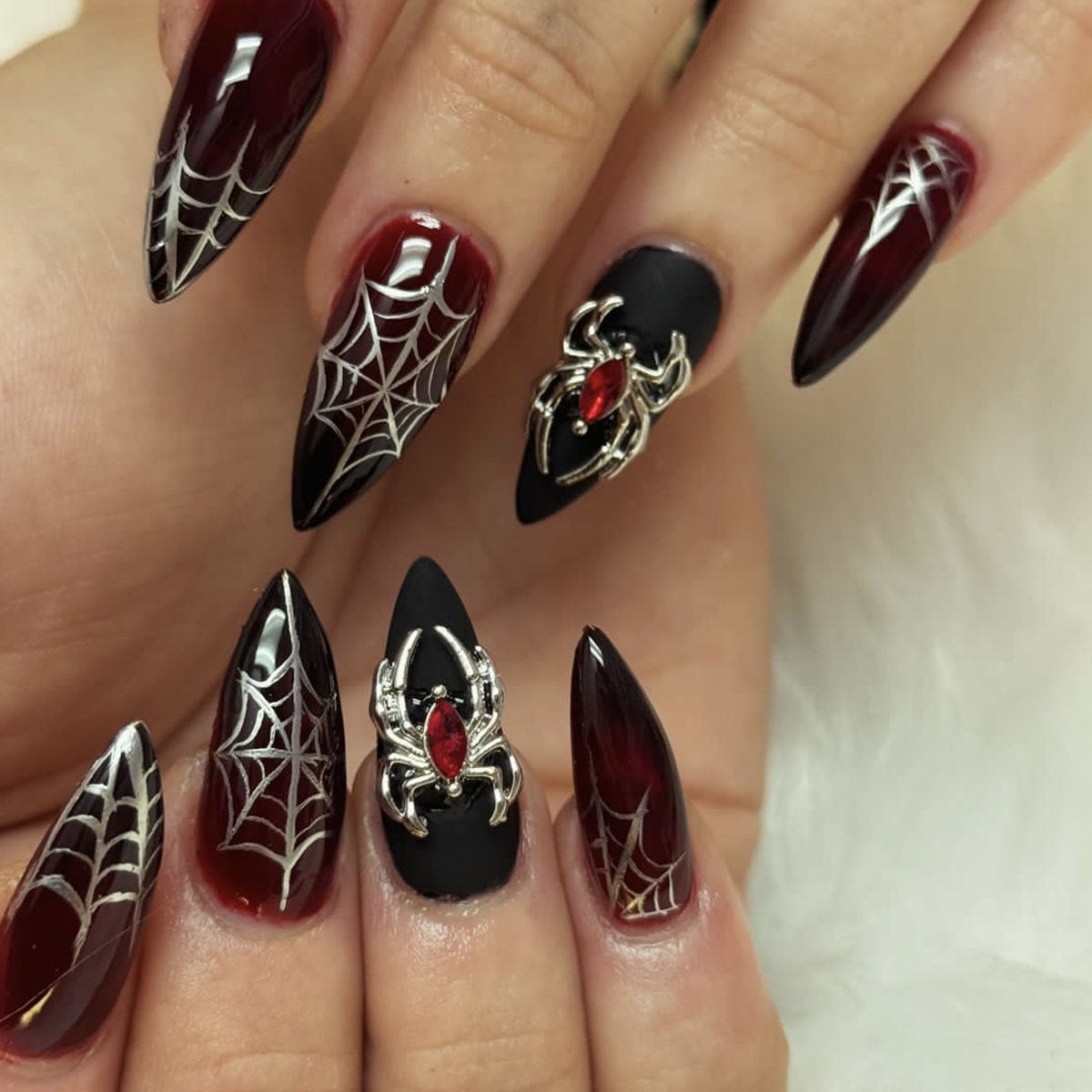 Spooky Elegance Long Stiletto Press-On Nails in Deep Red and Black with Spider and Web Design