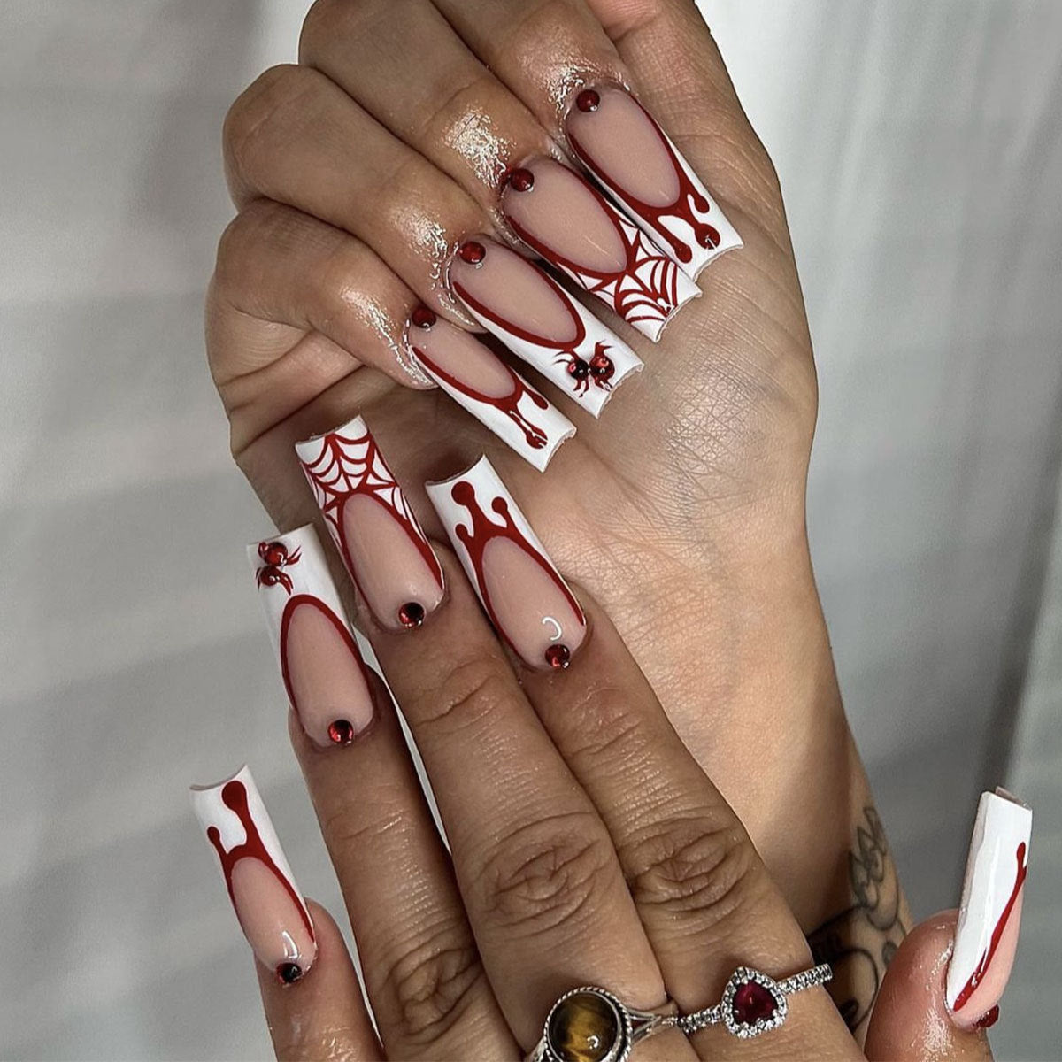 Spooky Spiderweb Long Square Red and White Press On Nail Set with Gem Accents