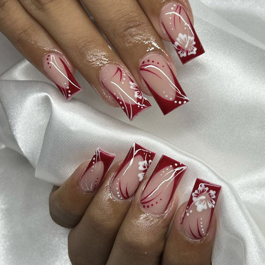 Elegant Floral Romance Long Square Red and Beige Press On Nail Set with Intricate White Detail