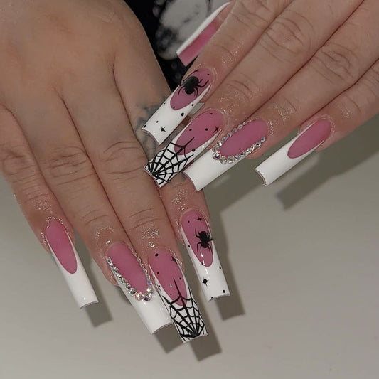 Spooky Glam Long Square Press On Nails Pink and White with Spider Web Design and Rhinestone Accents