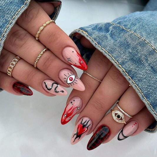 Spooky Gothic Long Almond Red and Black Press On Nail Set with Eye and Blood Drip Design