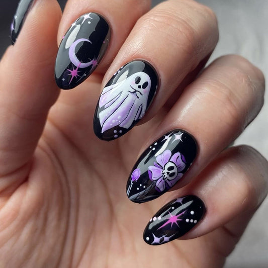 Spooky Halloween Themed Long Almond Black Press On Nail Set with Ghost and Floral Design