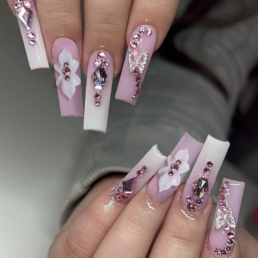 Glamorous Floral Pink and White Long Square Press On Nail Set with Rhinestone Embellishments