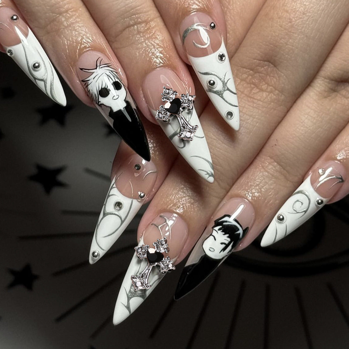 Gothic Charm Long Stiletto Press On Nails Black and White with Unique Character Designs and Sparkling Gem Accents