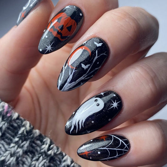 Spooky Halloween Long Almond Black and Orange Press On Nail Set with Ghost and Pumpkin Designs