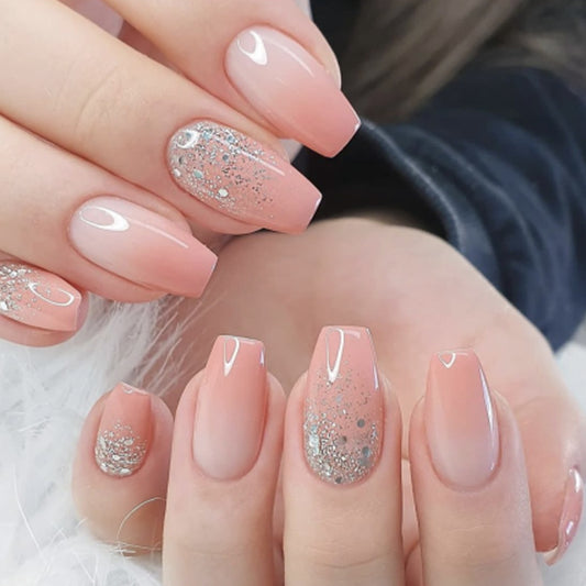 Chic Elegance Long Coffin Shaped Blush Pink Press On Nails with Sparkling Glitter Accents